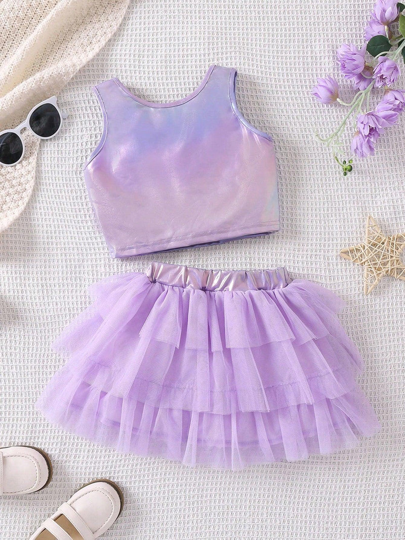 conjunto saia tule e blusa holográfica menina -4 a 7 anos