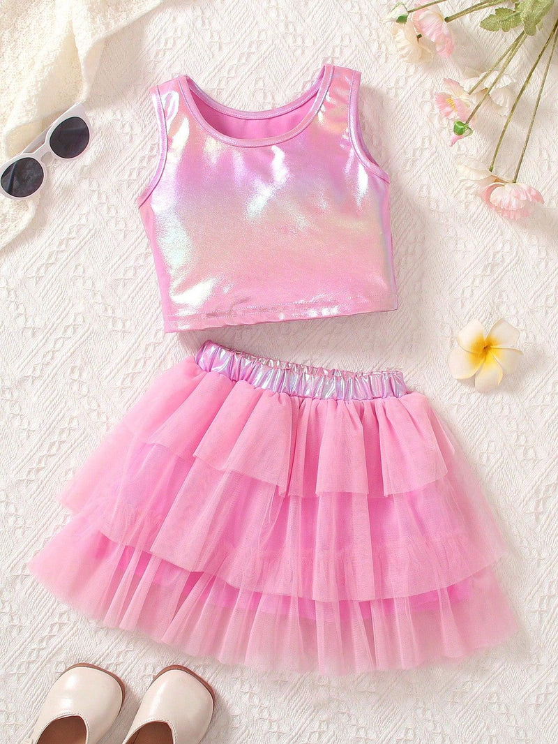 conjunto saia tule e blusa holográfica menina -4 a 7 anos