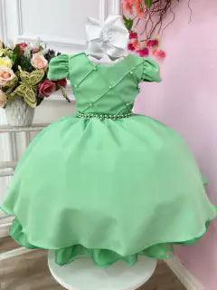 Vestido Infantil Verde Cinto de Pérolas Casamento Luxo - 1 AO 12