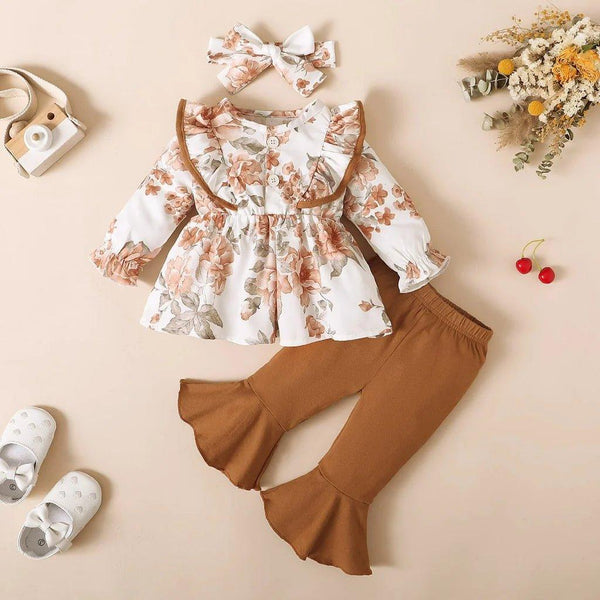 conjunto fashion Bebê Floral Pirulito Kids® Calça Flare - Blusa e Laço 3 - 24 Meses - PIRULITO KIDS