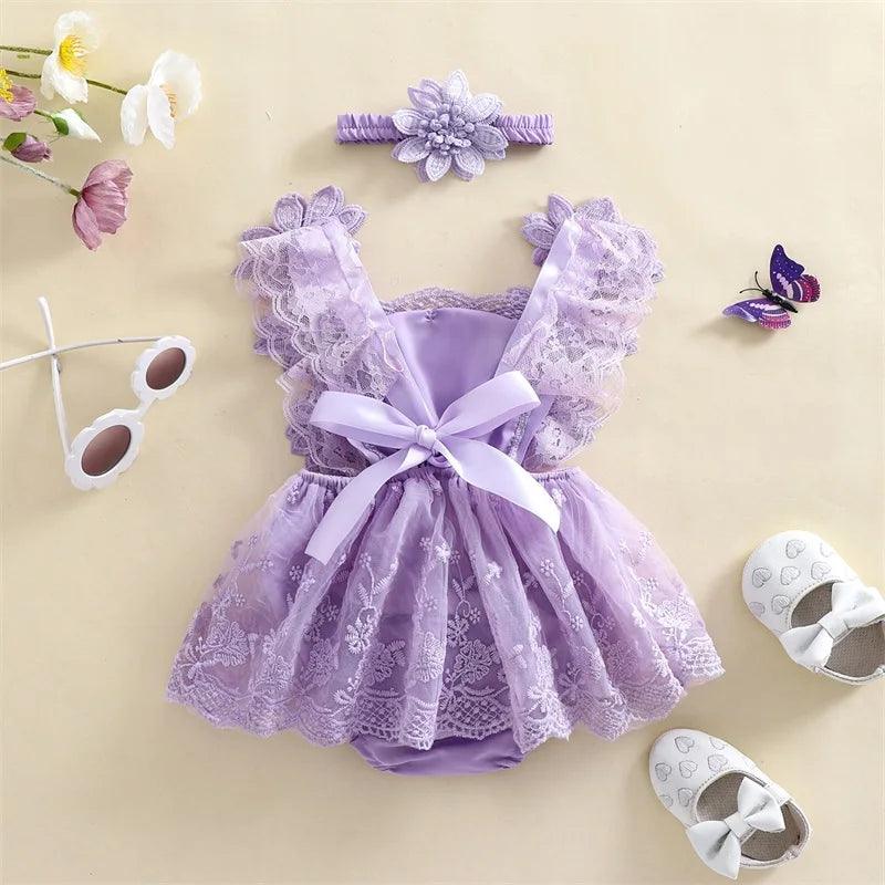 Conjunto vestido Romper + lacinho bebê  - 0 a 18 meses