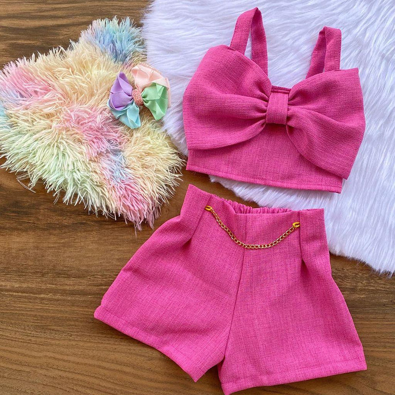 Conjunto Linho Infantil Menina Cropped Laço- 2 Ao 10