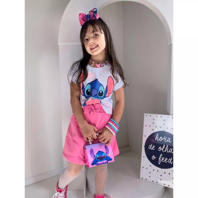 conjunto roupa infantil menina babylook e Short-saia feminino Stich