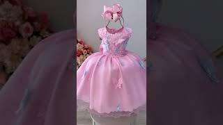 Vestido Infantil Bebê Rosa C/ Aplique de Borboletas e Flores