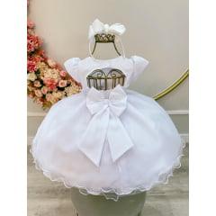 Vestido Infantil Bebê Branco Pérolas e Laço Batizado Pirulito Kids®