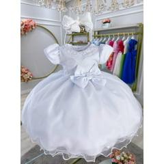 Vestido Infantil Bebê Branco Pérolas e Laço Batizado Pirulito Kids®