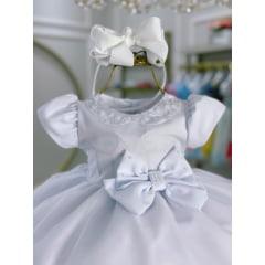 Vestido Infantil Bebê Branco Pérolas e Laço Batizado Pirulito Kids®