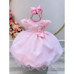 Vestido Infantil Bebê Branco/ rosa Pérolas e Laço Batizado e festa - 2A 8 MESES