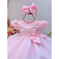 Vestido Infantil Bebê Branco/ rosa Pérolas e Laço Batizado e festa - 2A 8 MESES