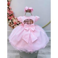 Vestido Infantil Bebê Branco/ rosa Pérolas e Laço Batizado e festa - 2A 8 MESES