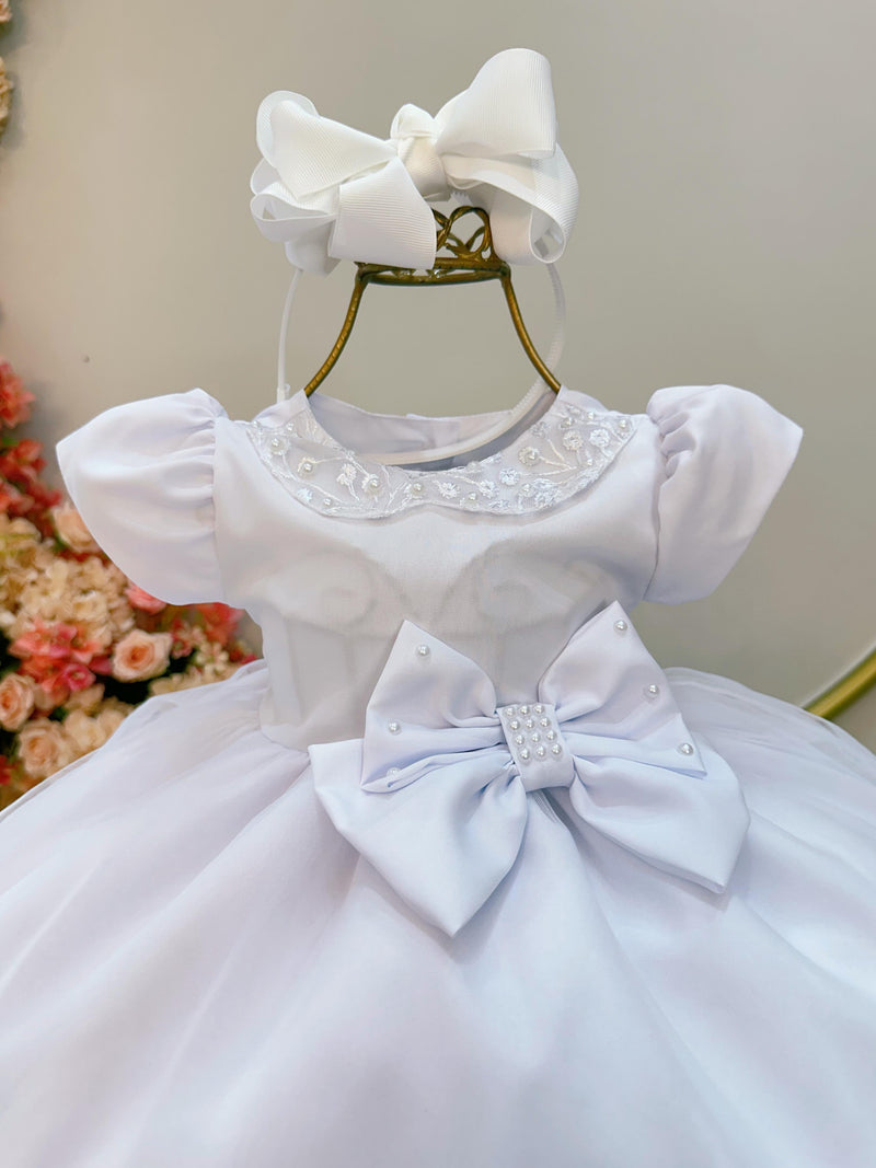 Vestido Infantil Bebê Branco/ rosa Pérolas e Laço Batizado e festa - 2A 8 MESES