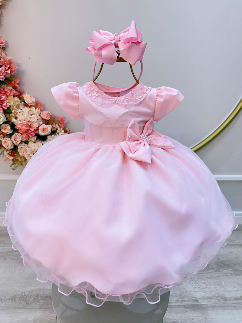 Vestido Infantil Bebê Branco/ rosa Pérolas e Laço Batizado e festa - 2A 8 MESES